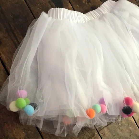 White Rainbow Pom-Poms Tutu Tulle Skirt Toddler Medium 3T 4T - Picture 2 of 6